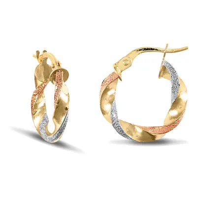 Jewelco London Ladies 9ct Yellow White and Rose Gold Frosted Twisted 3mm Hoop Earrings 16mm - JE