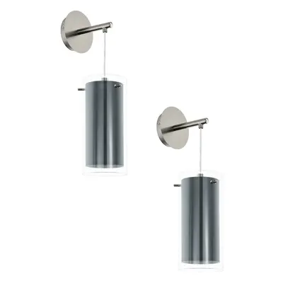 2 PACK Wall Light Colour Satin Nickel Shade Clear Grey Glass Fabric E27 1x16W