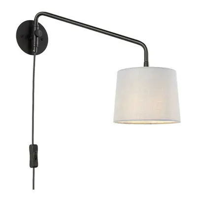 Adjustable Swing Arm Wall Light Matt Black & Grey Fabric Shade Mains Plug in