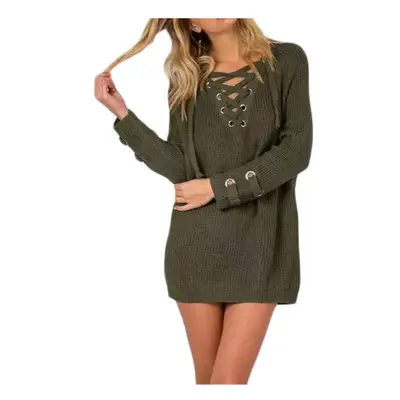 (Dark Green, M) Women V Neck Knitted Sweater Striped Bandage Cross Ties Pullover Loose Casual Lo