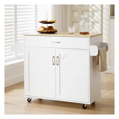 (White) WestWood Rolling Kitchen Island Large Wood Top Storage Trolley Cabinet Drawer