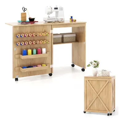 Folding Sewing Table Cabinet w/Storage Shelf Trays & Pegs Natural