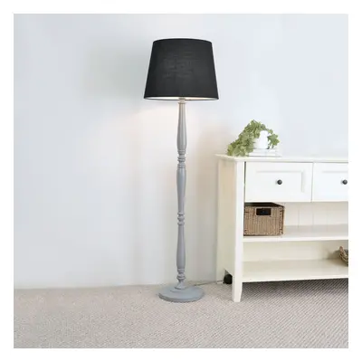 ValueLights Victoria Black Tapered Shade Grey Wood Floor Lamp & Bulb