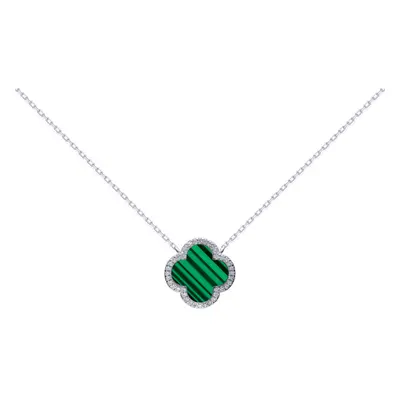 Jewelco London Silver Green Clover Malachite & CZ Halo Lucky Charm Pendant Necklace 16-18" - ANC