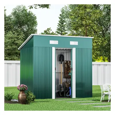 6 x ft Pent Metal Garden Storage Shed Outdoor Tool House with Base, Dark Green