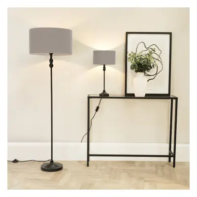 ValueLights Maggie Black Candlestick Floor Lamp with Grey Fabric Shade