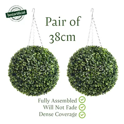 Pair of Best Artificial 38cm Green Boxwood Hanging Basket Topiary Ball