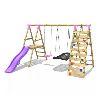 (Quartz, Pink) Rebo Wooden Swing Set with Deck and Slide plus Up and Over Climbing Wall