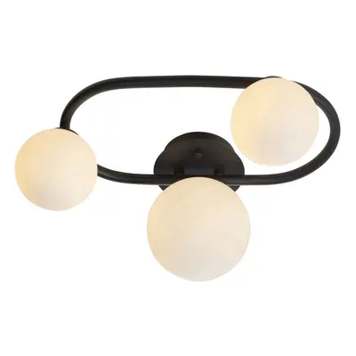 Semi Flush Multi Arm Bathroom Ceiling Light - Matt Black & White Glass - Oval