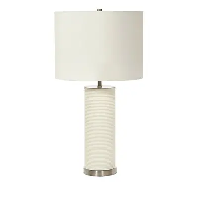 Table Lamp Ribbed White Resin Base White Faux Linen Shade White LED E27 60W