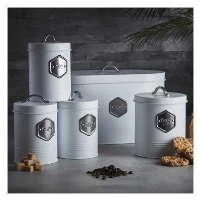 Kitchen Storage Set Bread Bin Sugar Tea Coffee White Silver - Cooks Professional