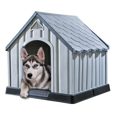 vidaXL Dog House Grey Plastic Outdoor Garden Dog Pet Supply Cage Kennel Cabin