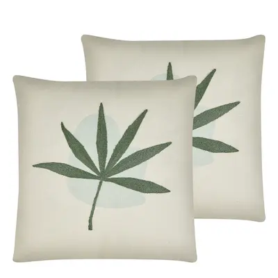 Set of Embroidered Cushions Leaf Motif x cm Green DAVALLIA