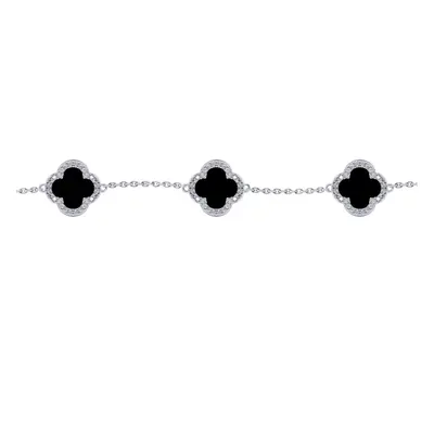 Jewelco London Silver Black Clover Onyx & CZ Halo Lucky Charm Station Bracelet 7-8.5" - ABB249