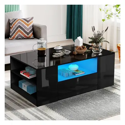 (Black) LED Coffee Table Wooden Drawer Storage High Gloss Modern Living Room Furniture