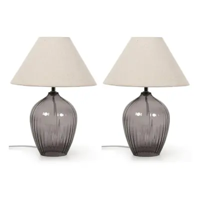 Pair of - Grey Glass Base Table Lamp Fabric Tapered Shade Light + LEDs