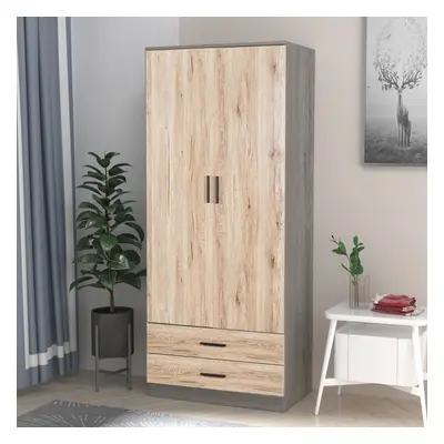 (Ash Grey Carcass + Oak Drawers) Tall Door Wardrobe With Drawers Metal Runners