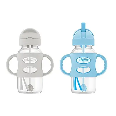 Milestones Wide-Neck Sippy Straw Bottle with 100% Silicone Handles, 9oz/270mL, Gray & Blue, Pack