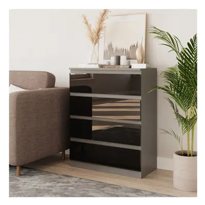 (Grey & Black) Drawer High Glossy Wooden Bedroom Chest Cabinet No Handle Drawer Storage