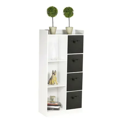 (White, Black) Bookcase with Fabric Drawers | Cube Wooden Unit