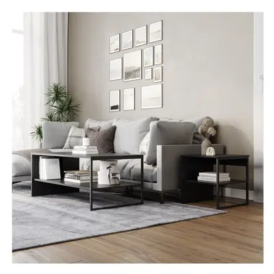 (Black) 100cm Steel Frame Wooden Coffee Table & 2pc 40cm Sofa Side End Table