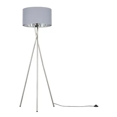 Modern Brushed Chrome Metal Tripod Floor Lamp with a Grey & Chrome Cylinder Shade - Complete wit