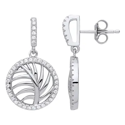 Jewelco London Ladies Sterling Silver Cubic Zirconia Palm Tree Leaf Halo Stud Drop Earrings - GV