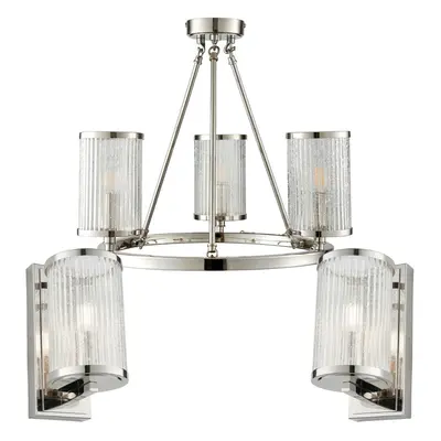 3 Lamp Ceiling & 2x Matching Wall Light Pack Bright Nickel & Ribbed Glass Shade