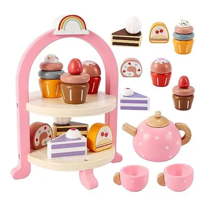 Wooden Tea Set for Toddlers, Cake Stand Dessert Toys Afternoon Tea Party Set, Pretend Role Play 