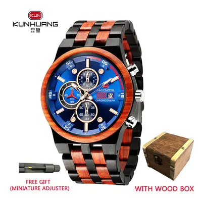 Natural Red Sandal Wood Mens Sports Watches Wooden Quartz Multifunction Chronograph Mens Watch W