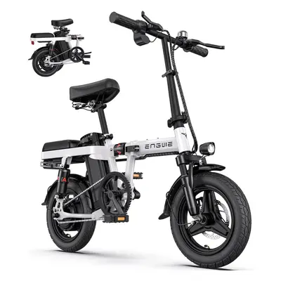 (WHITE) ENGWE T14 Folding Electric Bike 14'' Tires Portable E-bike, 48V 10Ah Removable Battery, 