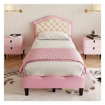 (90*190cm with Adjustable Chic Button-Tufted Headboard) Upholstered PU Faux Leather Bed Frame, P