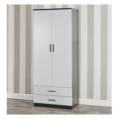 (Grey Carcass & White Drawers) Tall Wooden Door Wardrobe +2 Drawers Hanging Bar