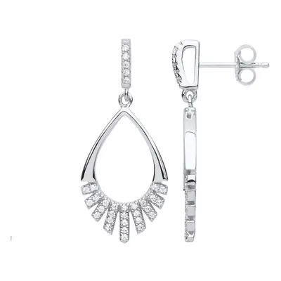 Jewelco London Ladies Sterling Silver Cubic Zirconia Minimal Art Deco Tear Stud Drop Earrings - 