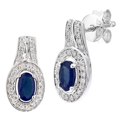 Jewelco London 18ct White Gold Round 15pts Diamond Oval 0.7ct Sapphire Cluster Drop Earrings - D