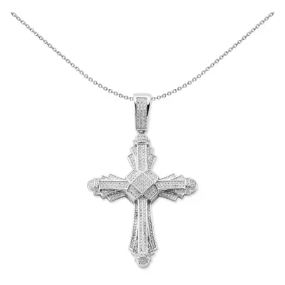 Jewelco London Unisex Rhodium Plated Sterling Silver CZ Tier Fanned Cross Pendant Necklace inch 