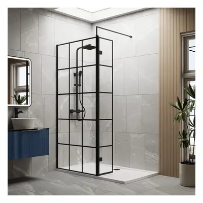 8mm Glass Walk In Wetroom Screen and Hinged Return Screen with Black Framed Design and Shower Tr