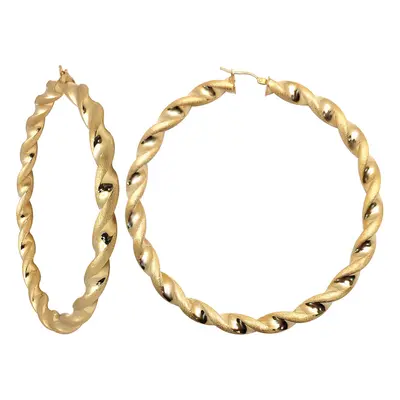 Jewelco London Ladies 9ct Yellow Gold Frosted Satin Chunky Twist 6mm Hoop Earrings 70mm - JER769