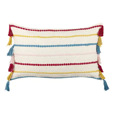 Cotton Cushion Striped Pattern with Tassels x cm Multicolour AGAVE