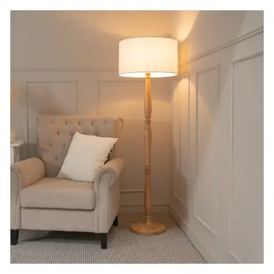 ValueLights Victoria White Drum Shade Light Wood Stem Floor Lamp