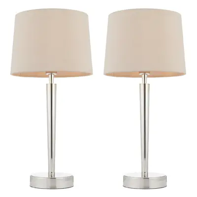 2 PACK Modern Table Lamp & USB Charger Nickel & Mink Shade Metal Bedside Light