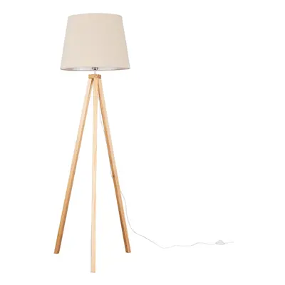 Modern Light Wood Tripod Design Floor Lamp with a Beige Tapered Shade - Complete with a 6w LED G