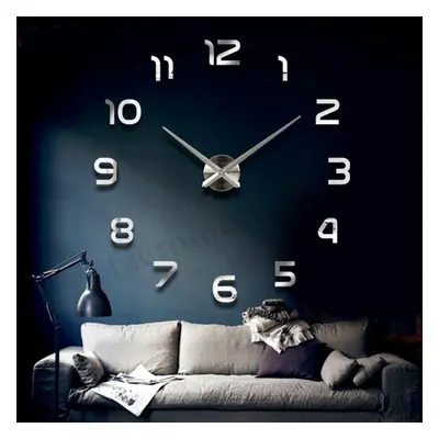 (Silver) 3D DIY Wall Sticker Clock Large Size Mirror Surface Decor Quartz