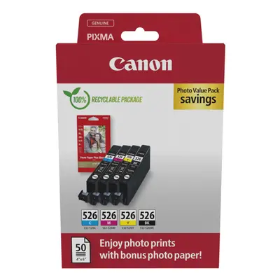 Canon CLI-526 Black Cyan Magenta Yellow Ink Cartridge Photo Paper Value Combo Pack - 4540B019