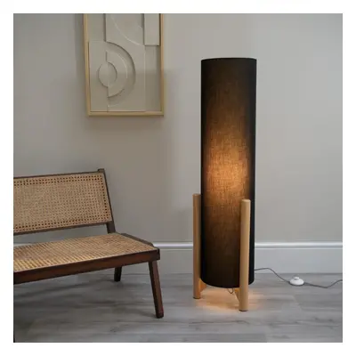 ValueLights Henry Wood Base Midi Floor Lamp with Charcoal Shade & Bulb