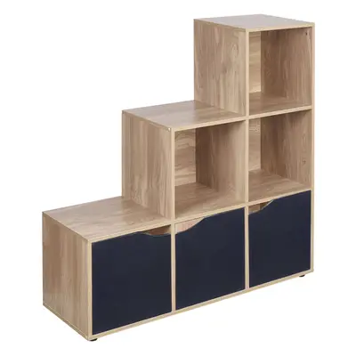 (Oak, Black) Cube Step Storage Bookcase Shelf Unit Doors Wood