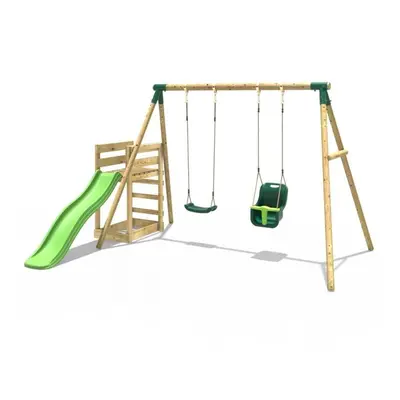 (Luna, Green) Rebo Wooden Swing Set plus Deck & Slide