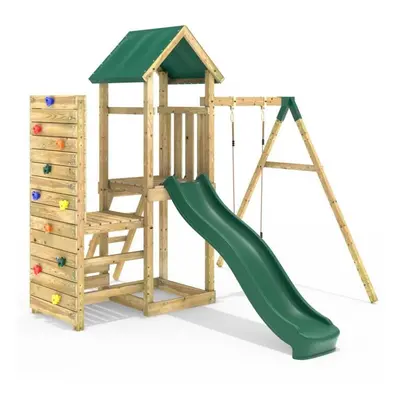 (Rushmore+) Rebo Wooden Climbing Frame with Vertical Rock Wall, Swing Set and Slide