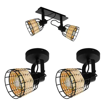 Twin Ceiling Spot Light & 2x Matching Wall Lights Black Wicker Shade Moving Head