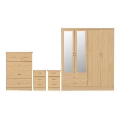 Nevada Piece Sonoma Oak Bedroom Set - Door Drawer Mirrored Wardrobe, Drawer Chest & x Drawer Bed